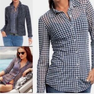 CAbi Mesh Button Down Women's Blouse Size Medium Navy White Long Sleeve #0617